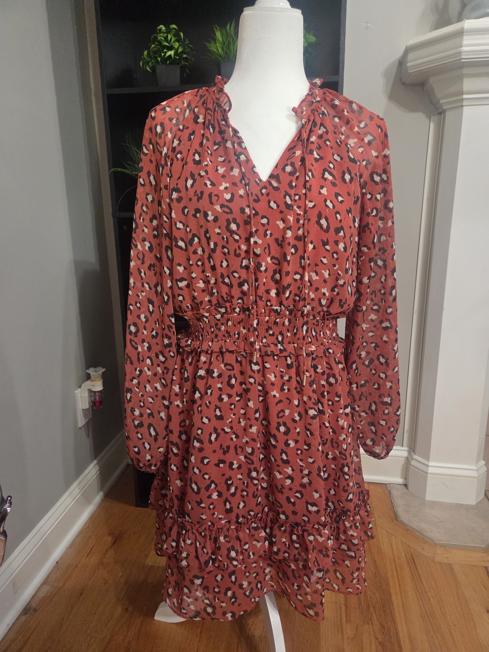 Skies Are Blue Rust Leopard Print Long Sleeve Smocked-Waist Dress
